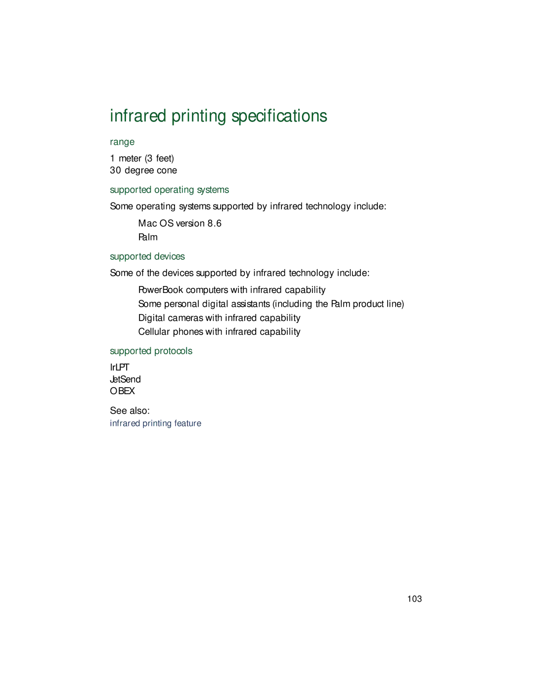 HP 9xx manual Infrared printing specifications, Range, Supported operating systems, Supported devices, Supported protocols 