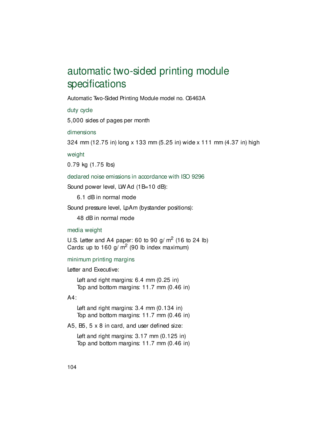 HP 9xx manual Automatic two-sided printing module specifications, Minimum printing margins 