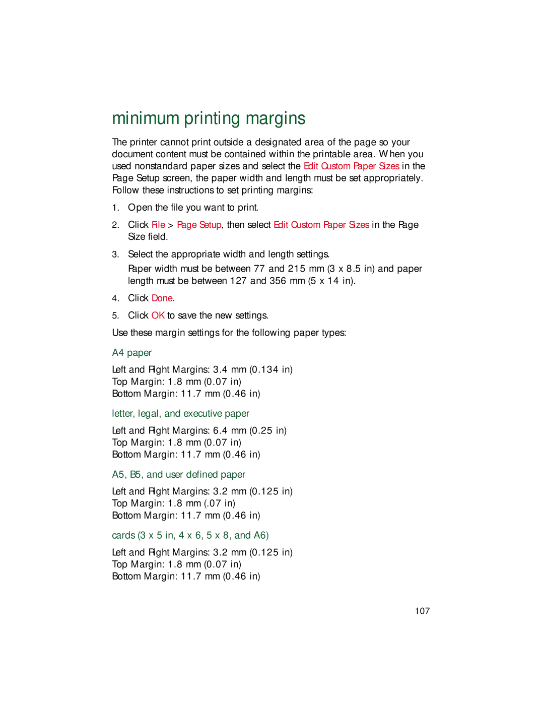 HP 9xx manual Minimum printing margins, A4 paper, Letter, legal, and executive paper, A5, B5, and user defined paper 