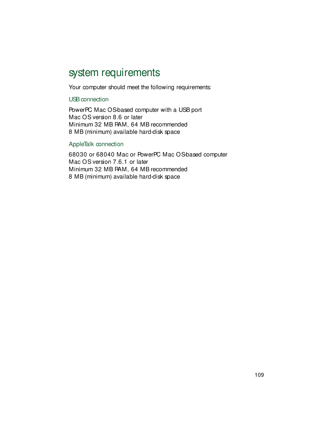 HP 9xx manual System requirements, AppleTalk connection 