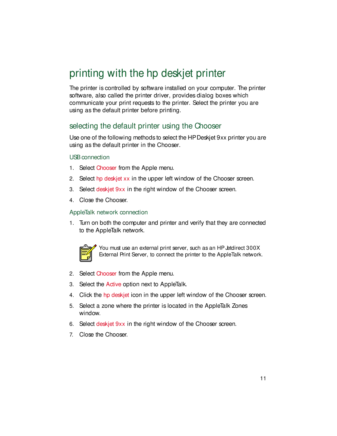 HP 9xx manual Printing with the hp deskjet printer, Selecting the default printer using the Chooser, USB connection 