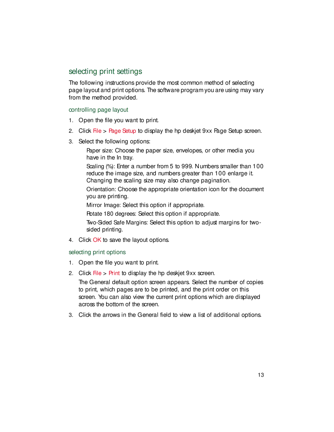 HP 9xx manual Selecting print settings, Controlling page layout, Selecting print options 