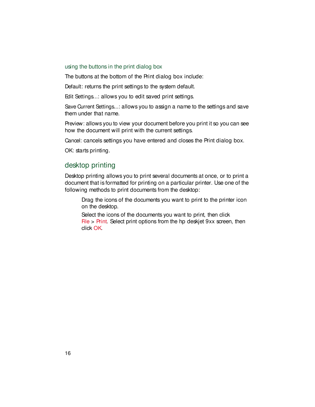 HP 9xx manual Desktop printing, Using the buttons in the print dialog box 