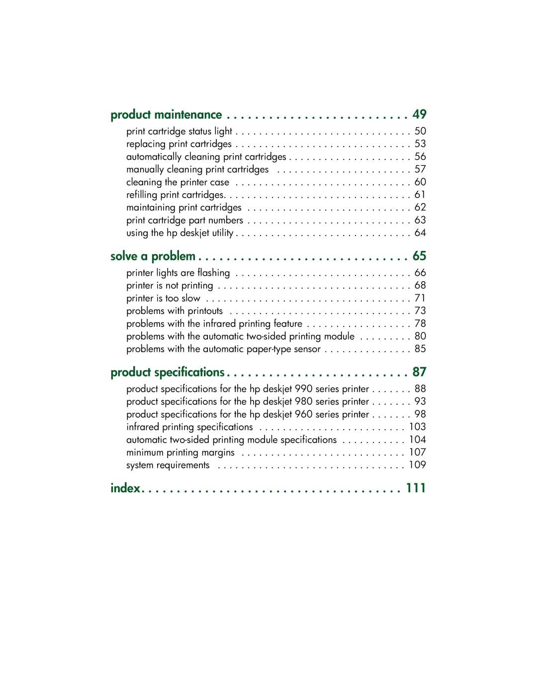 HP 9xx manual Product maintenance, Solve a problem, Product specifications, Index 