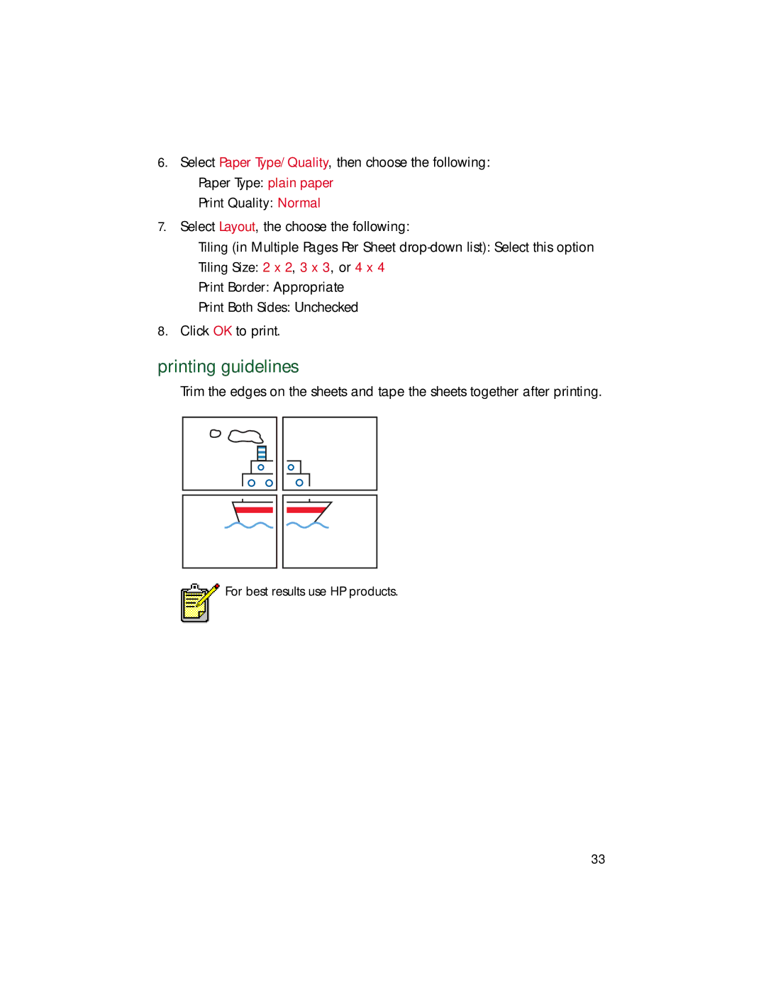 HP 9xx manual Tiling Size 2 x 2, 3 x 3, or 4 x 