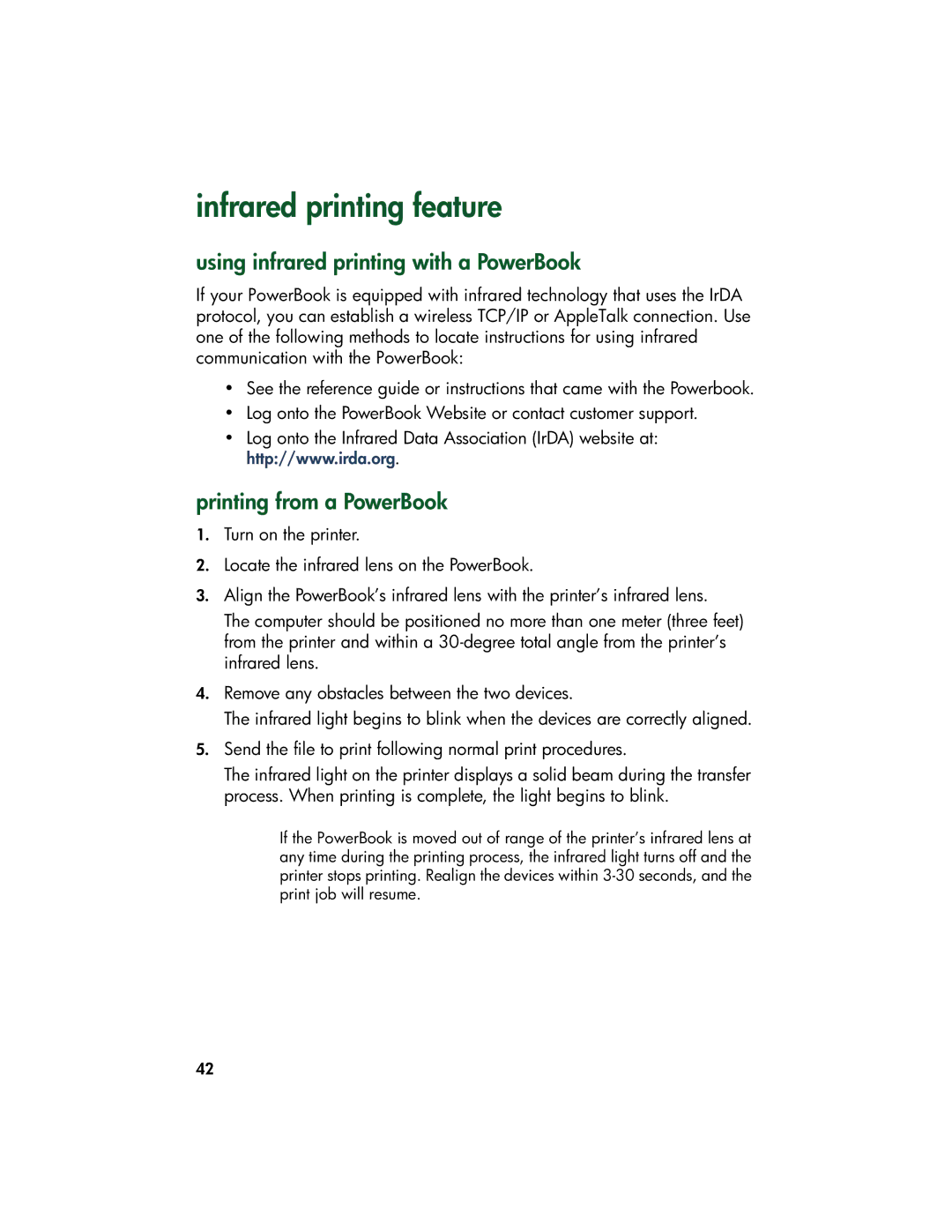 HP 9xx manual Infrared printing feature, Using infrared printing with a PowerBook, Printing from a PowerBook 