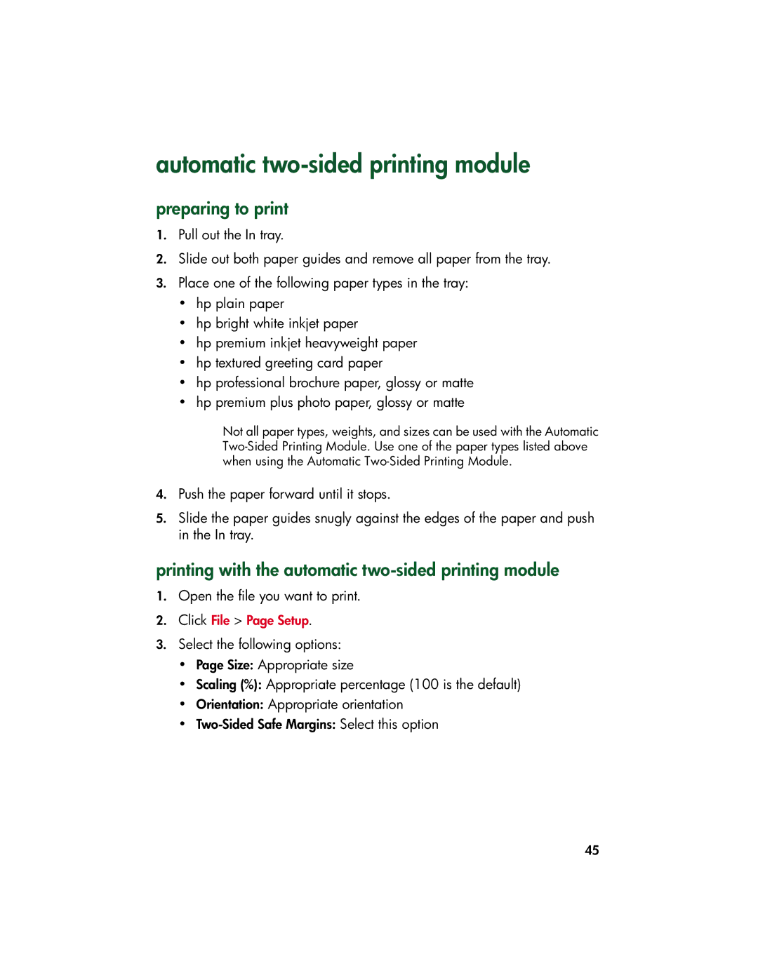 HP 9xx manual Automatic two-sided printing module, Printing with the automatic two-sided printing module 