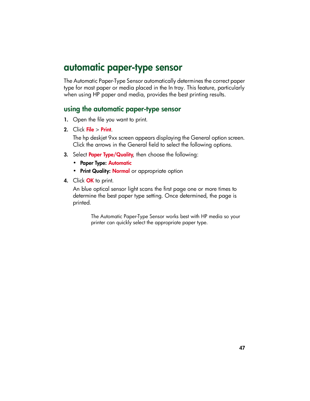 HP 9xx manual Automatic paper-type sensor, Using the automatic paper-type sensor 