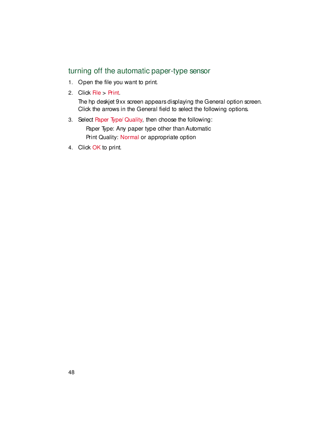 HP 9xx manual Turning off the automatic paper-type sensor 