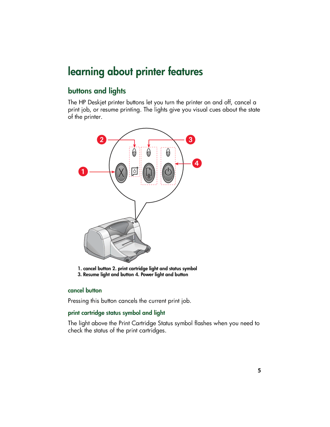 HP 9xx manual Learning about printer features, Buttons and lights, Cancel button, Print cartridge status symbol and light 