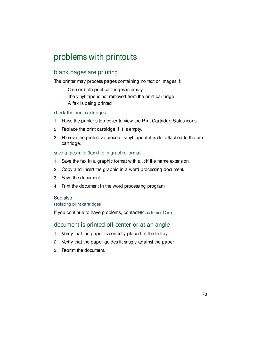 HP 9xx manual Problems with printouts, Blank pages are printing, Document is printed off-center or at an angle 