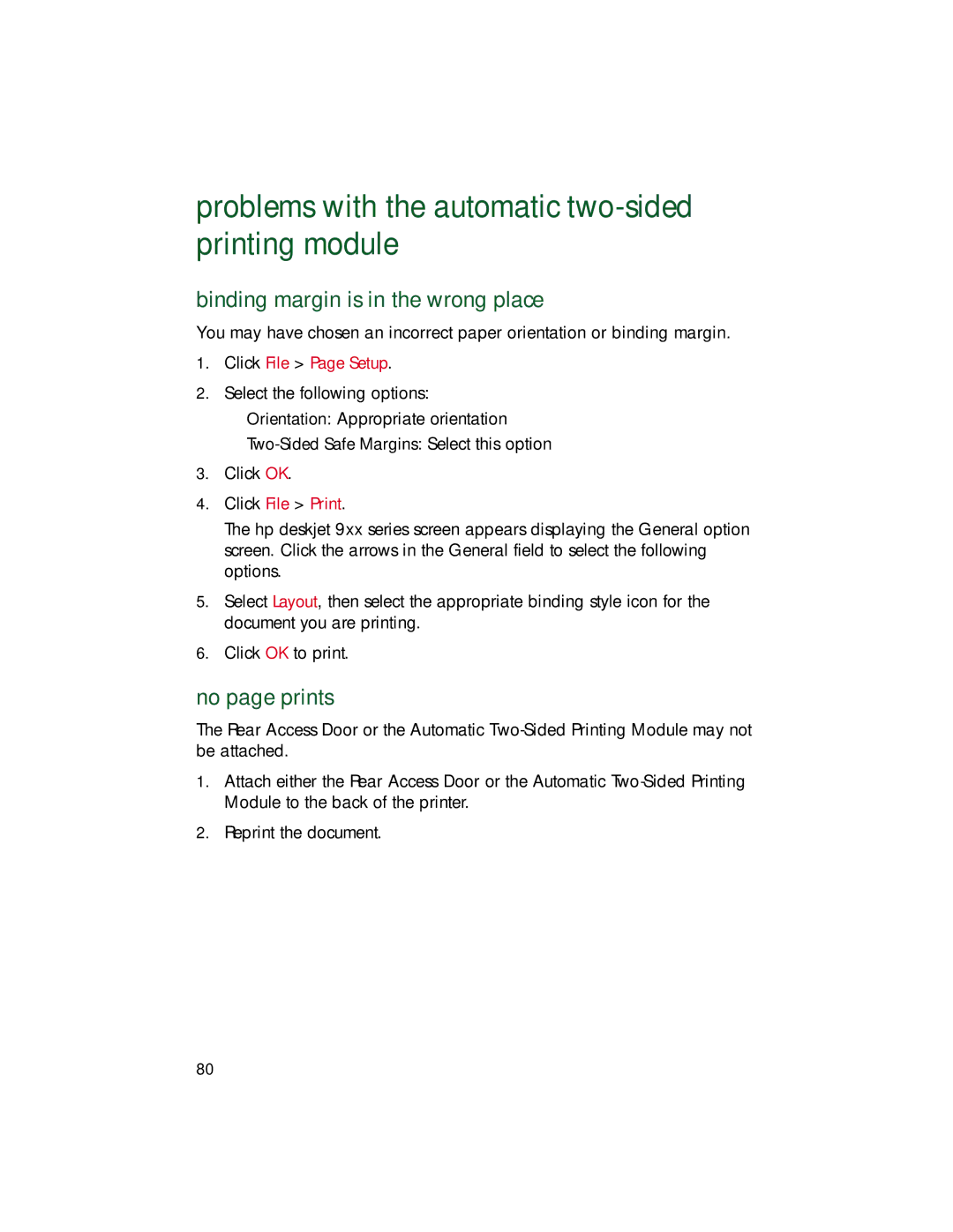 HP 9xx manual Problems with the automatic two-sided printing module, Binding margin is in the wrong place, No page prints 