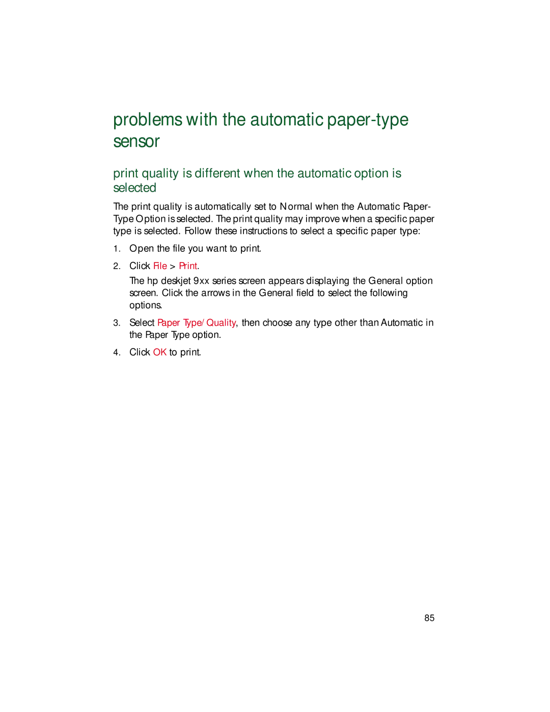 HP 9xx manual Problems with the automatic paper-type sensor 