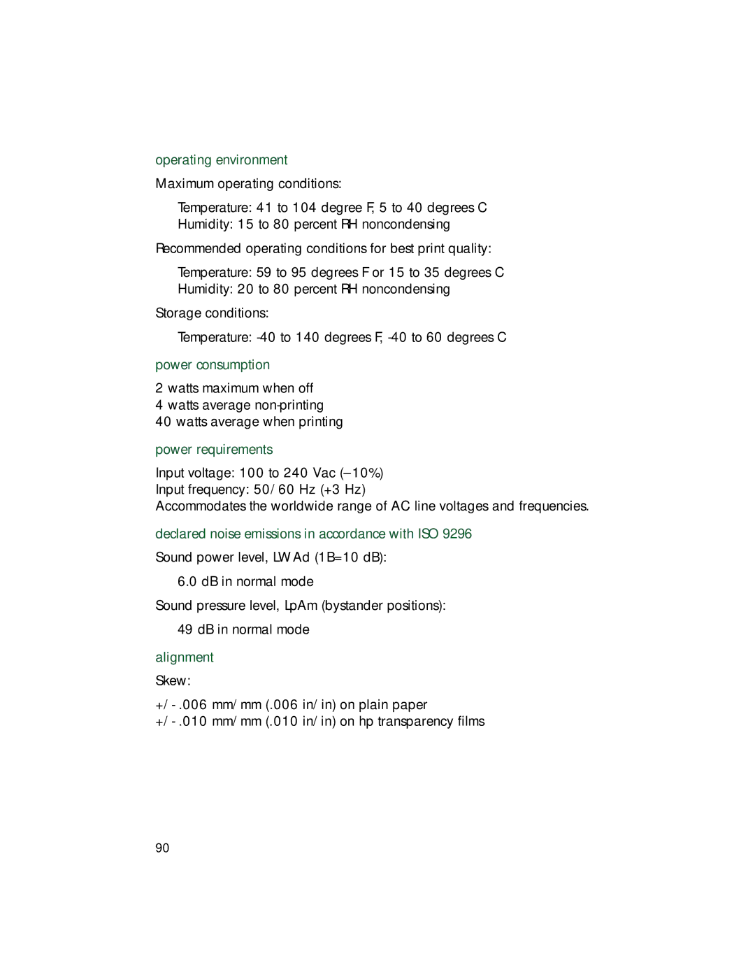 HP 9xx manual Operating environment, Power consumption, Power requirements, Declared noise emissions in accordance with ISO 