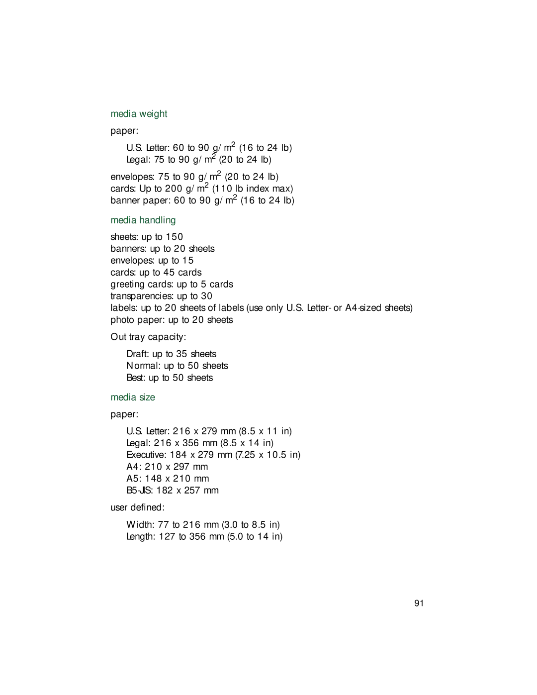 HP 9xx manual Media weight, Media handling, Media size 