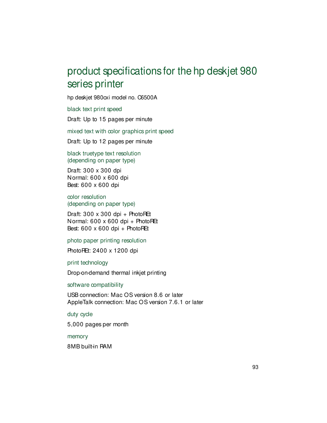 HP 9xx manual Product specifications for the hp deskjet 980 series printer 