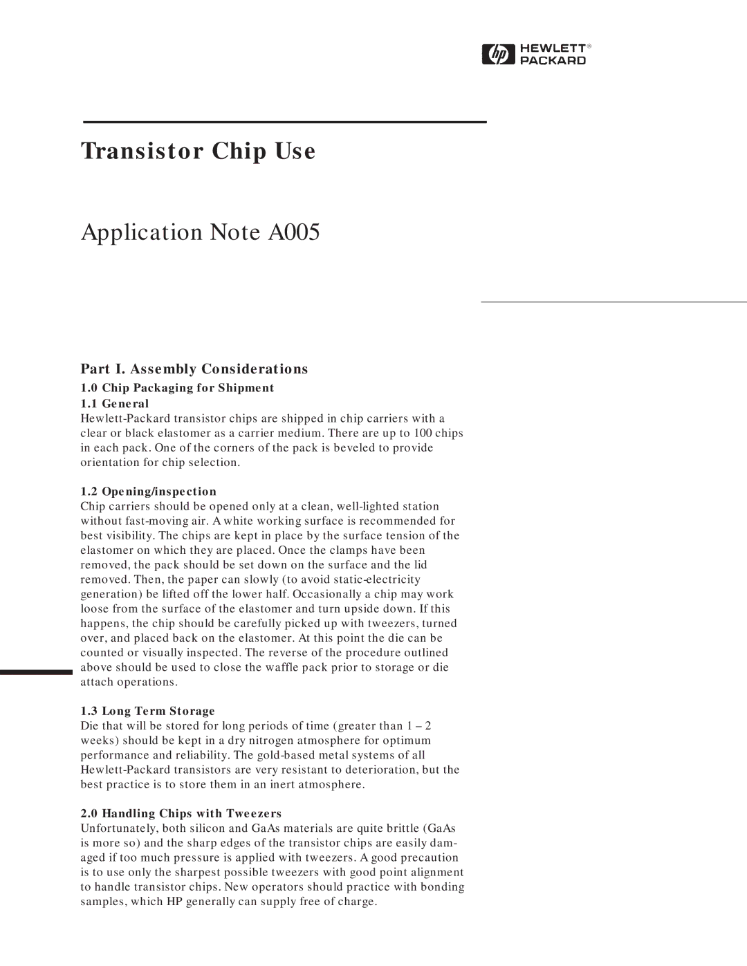 HP A005 manual Part I. Assembly Considerations, Chip Packaging for Shipment General, Opening/inspection, Long Term Storage 