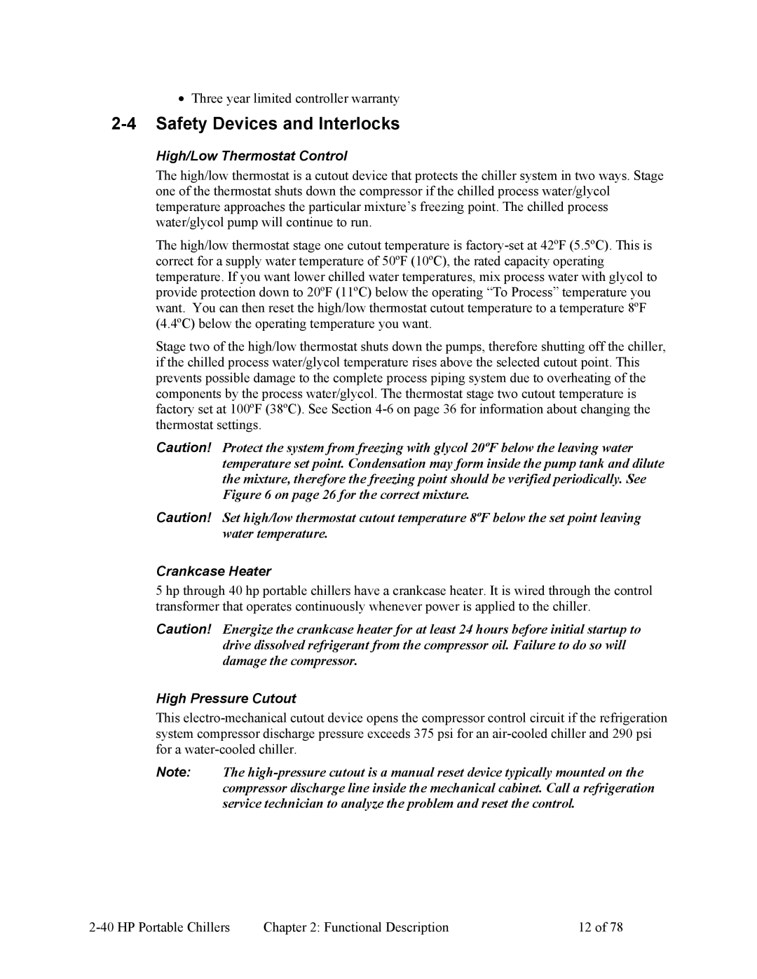 HP A0554832 manual Safety Devices and Interlocks, High/Low Thermostat Control, Crankcase Heater, High Pressure Cutout 