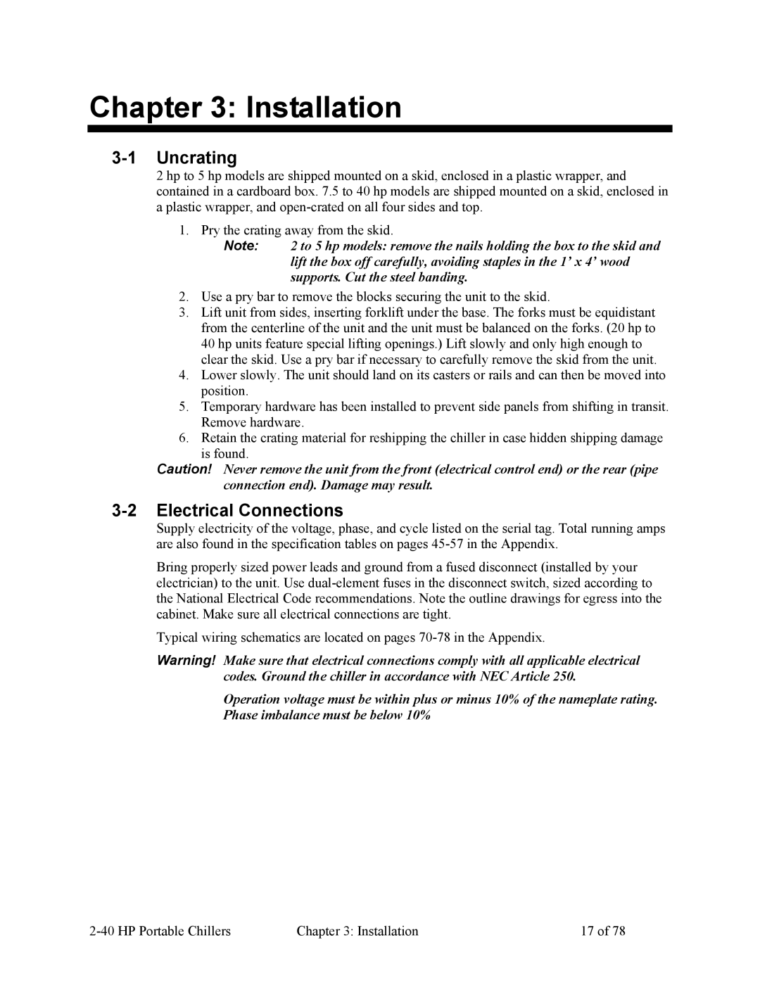 HP A0554832 manual Installation, Uncrating, Electrical Connections 