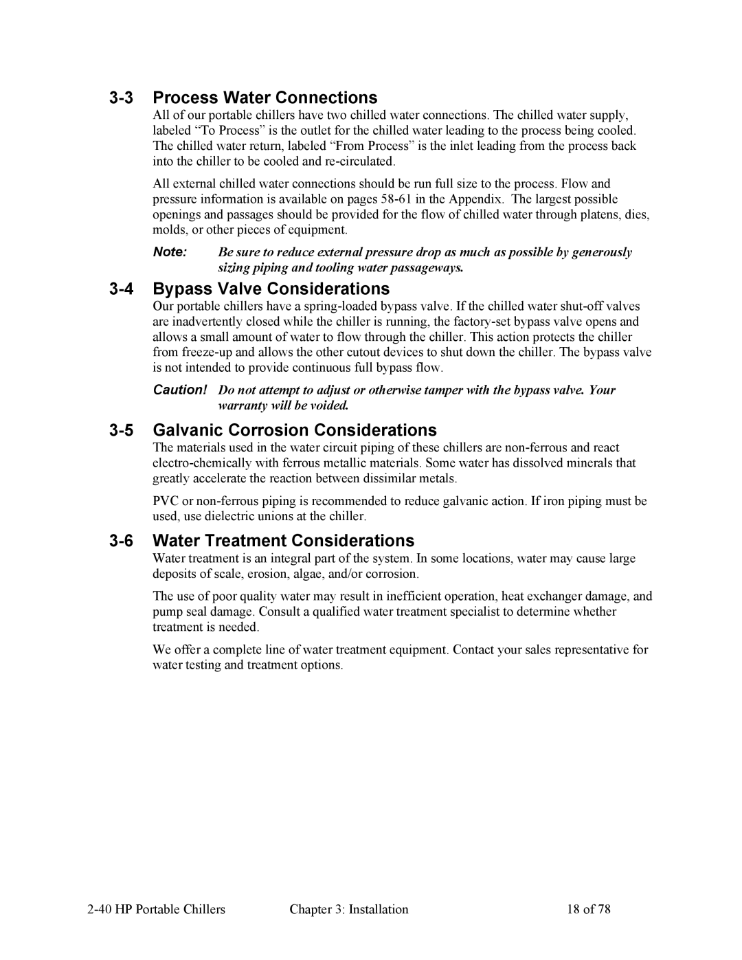 HP A0554832 manual Process Water Connections, Bypass Valve Considerations, Galvanic Corrosion Considerations 