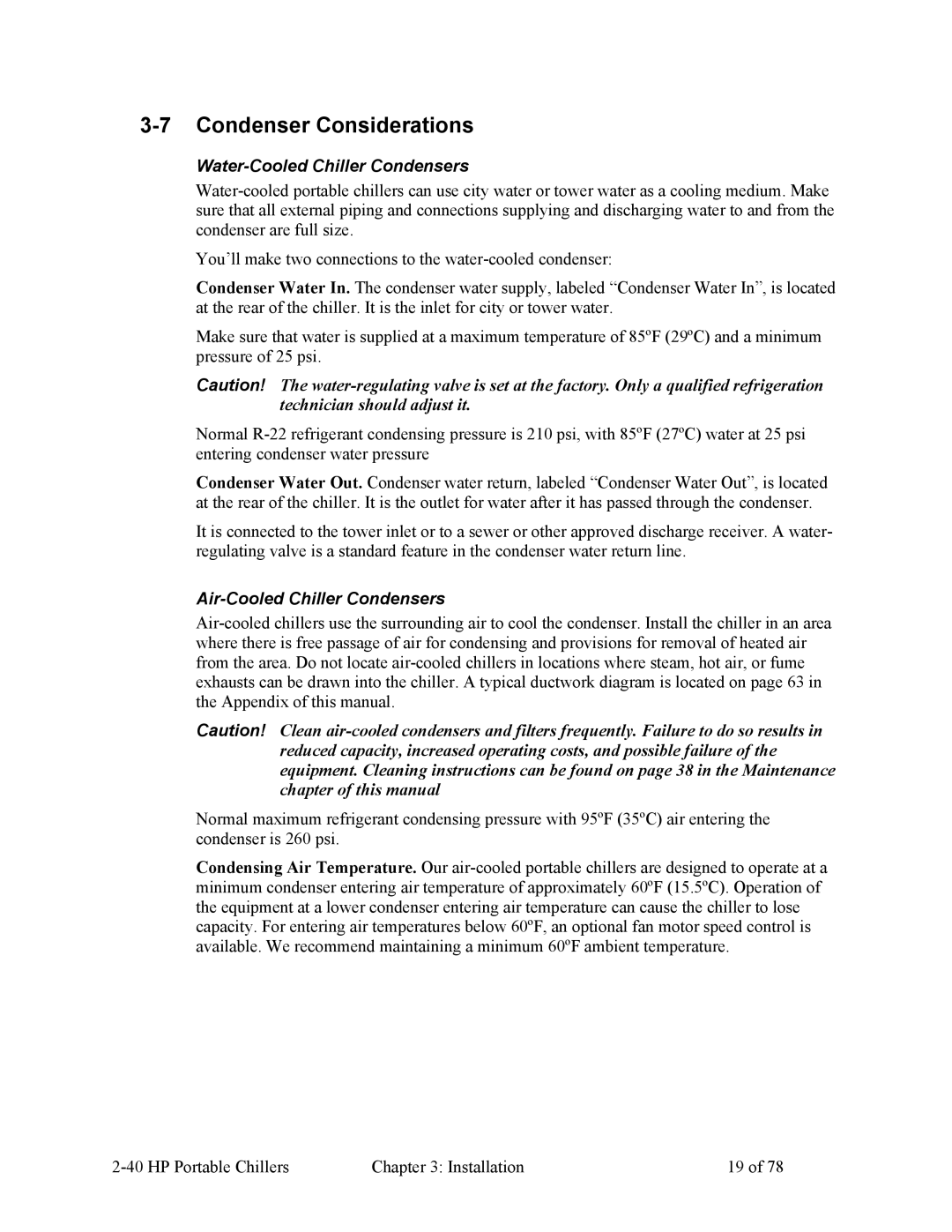 HP A0554832 manual Condenser Considerations, Water-Cooled Chiller Condensers, Air-Cooled Chiller Condensers 