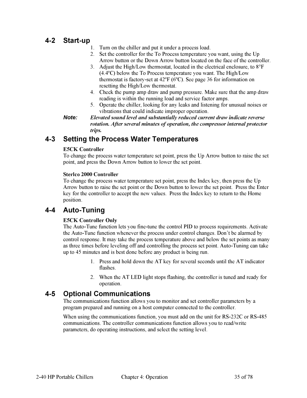 HP A0554832 manual Start-up, Setting the Process Water Temperatures, Auto-Tuning, Optional Communications 