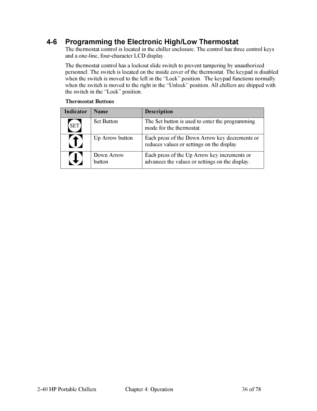 HP A0554832 manual Programming the Electronic High/Low Thermostat, Thermostat Buttons Indicator Name Description 