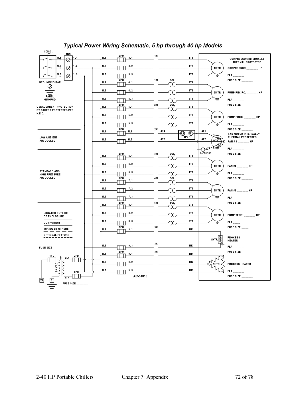 HP A0554832 manual Typical Power Wiring Schematic, 5 hp through 40 hp Models, A0554815 