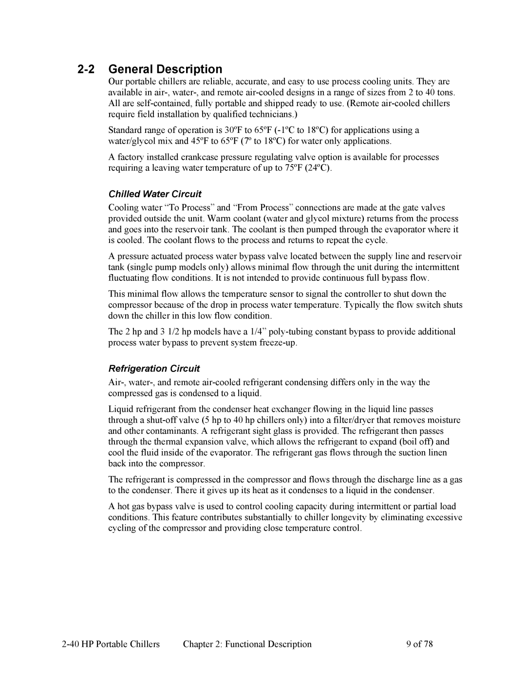 HP A0554832 manual General Description, Chilled Water Circuit, Refrigeration Circuit 