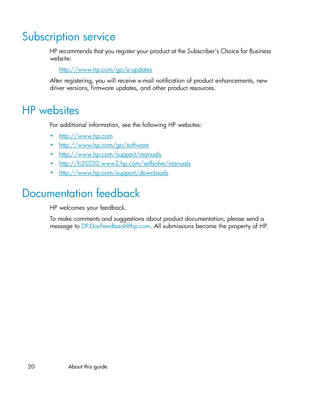 HP A.06.11 manual Subscription service, HP websites, Documentation feedback, HP welcomes your feedback 