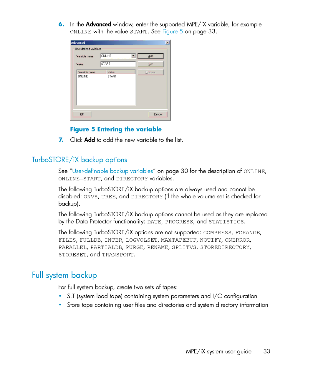 HP A.06.11 manual Full system backup, TurboSTORE/iX backup options, Click Add to add the new variable to the list 