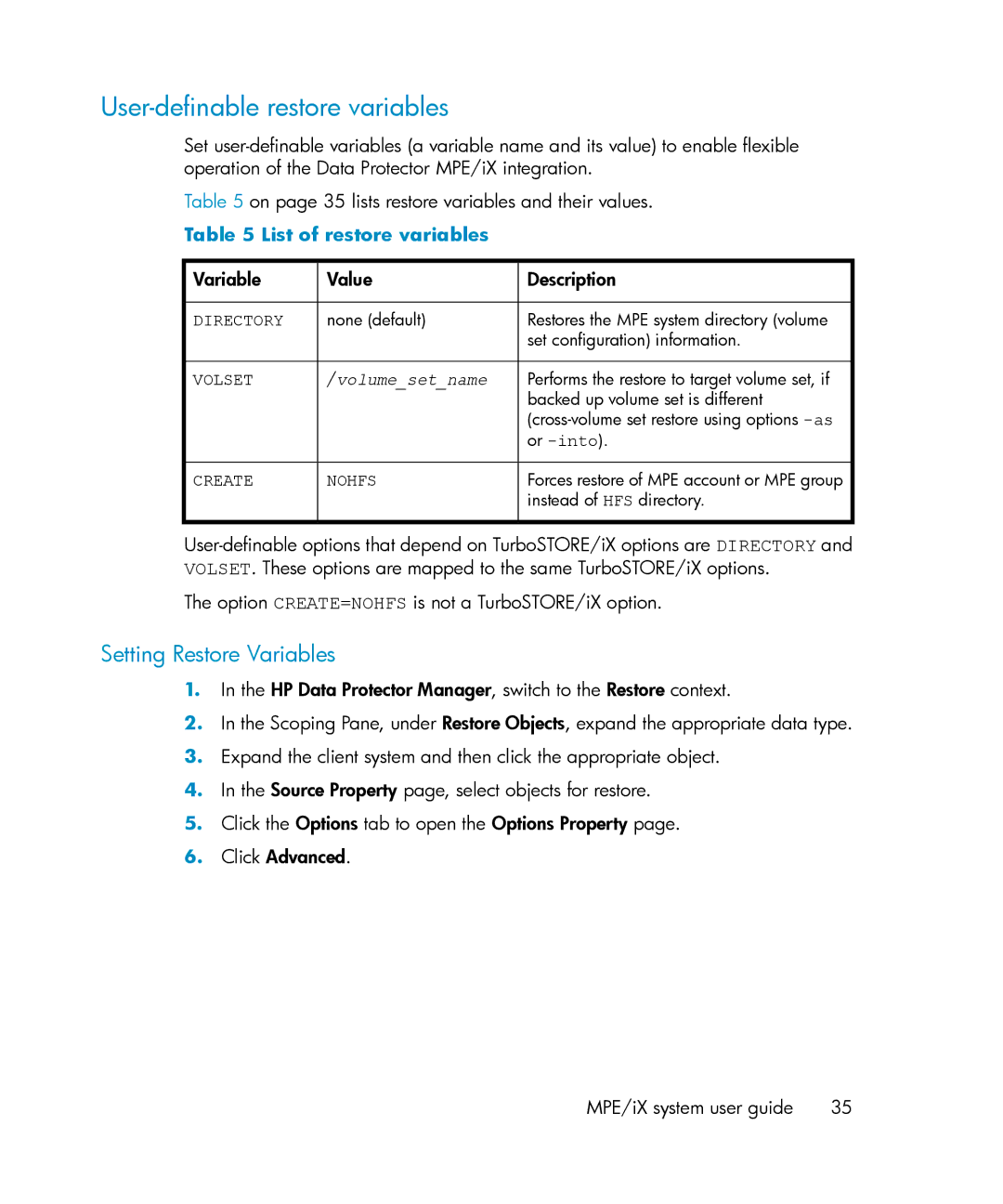 HP A.06.11 manual User-definable restore variables, Setting Restore Variables, List of restore variables 