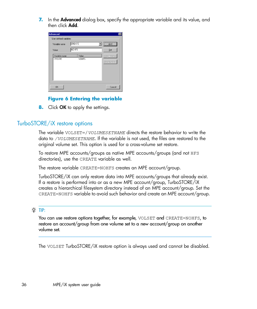 HP A.06.11 manual TurboSTORE/iX restore options, Click OK to apply the settings 