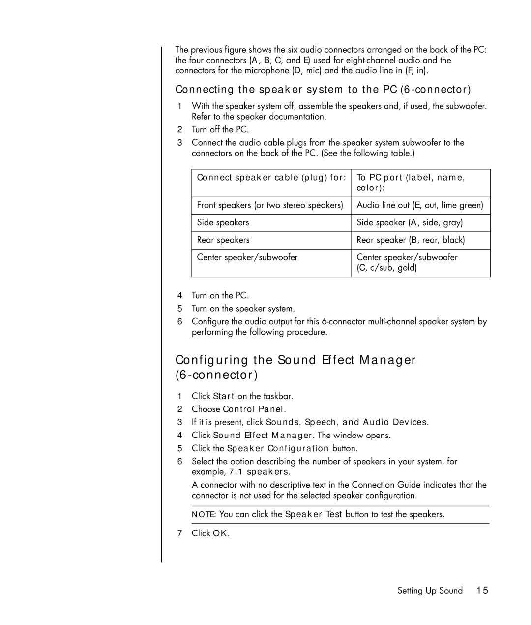 HP a1020a Configuring the Sound Effect Manager 6-connector, Connect speaker cable plug for To PC port label, name Color 