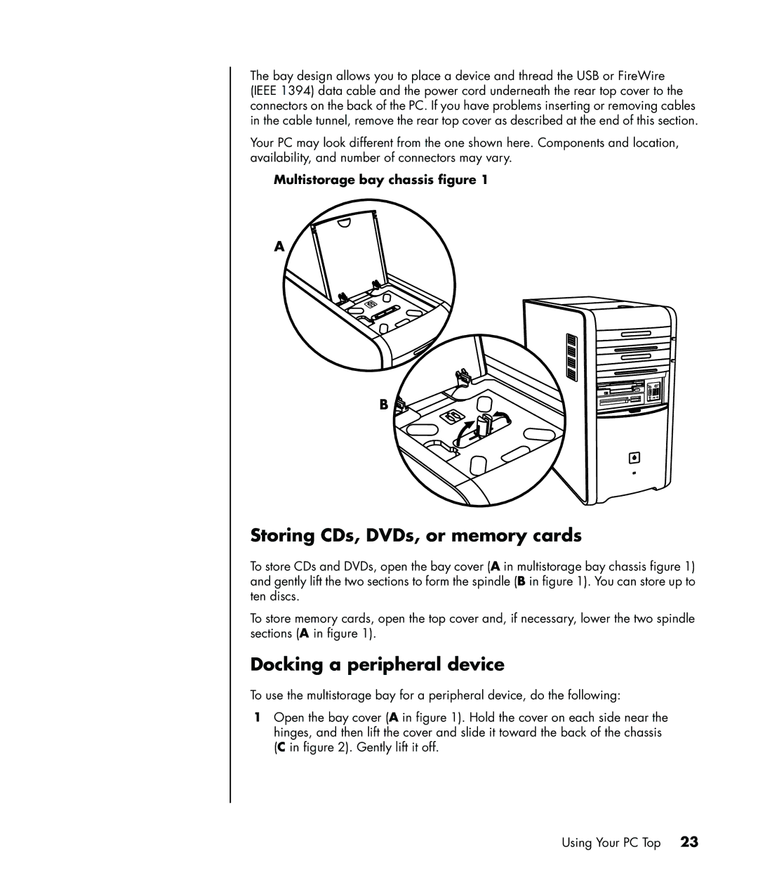 HP a1080d, a1005.uk manual Storing CDs, DVDs, or memory cards, Docking a peripheral device, Multistorage bay chassis figure 