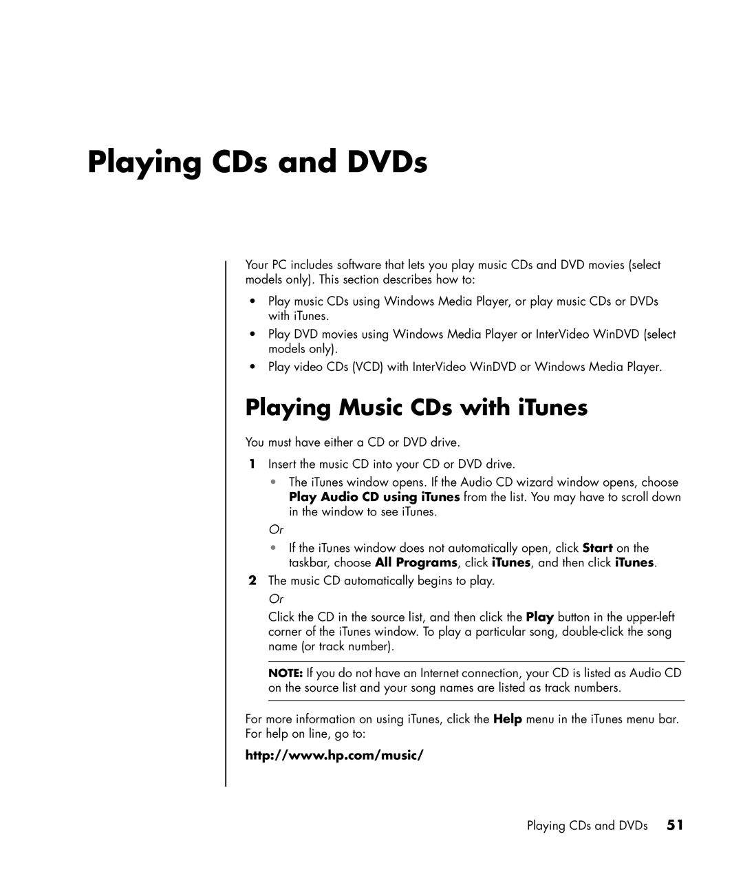 HP a1180d, a1005.uk, a1020d, a1040a, a1020in, a1020a, a1029.uk, a1160a manual Playing CDs and DVDs, Playing Music CDs with iTunes 