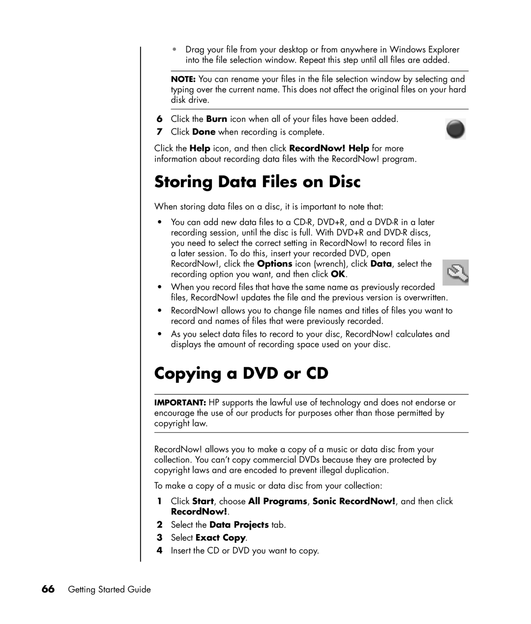 HP a1020a, a1005.uk, a1020d, a1040a, a1020in, a1029.uk manual Storing Data Files on Disc, Copying a DVD or CD, Select Exact Copy 