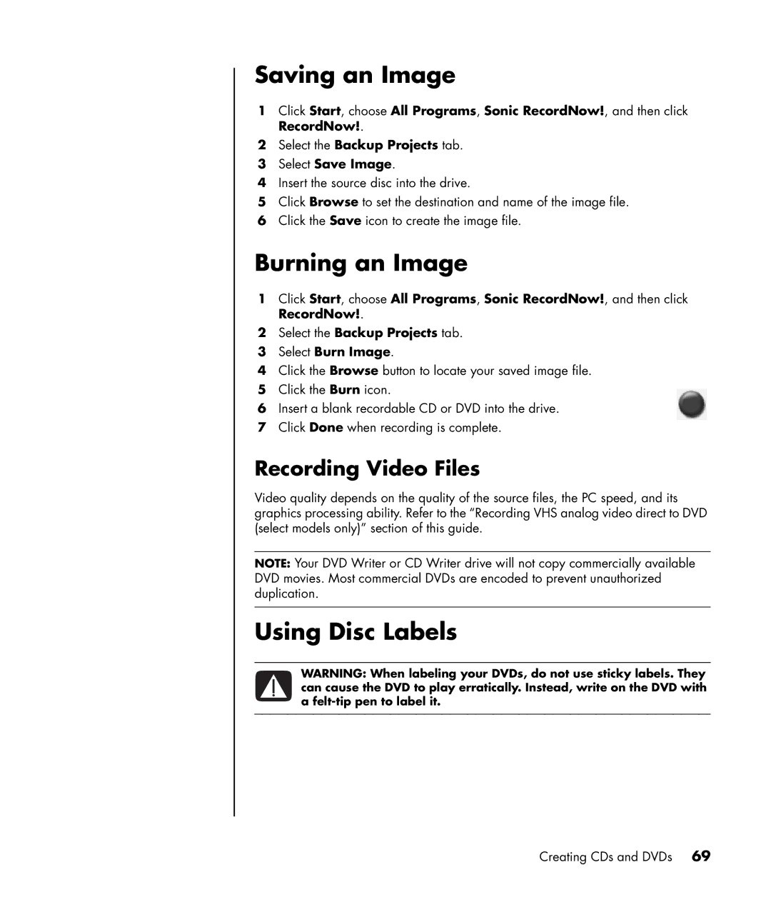 HP a1160a, a1005.uk Saving an Image, Burning an Image, Using Disc Labels, Select the Backup Projects tab Select Save Image 