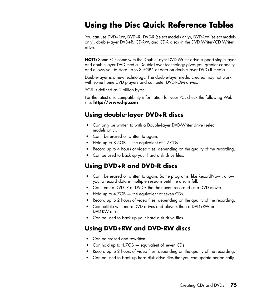 HP a1060a, a1005.uk Using the Disc Quick Reference Tables, Using double-layer DVD+R discs, Using DVD+R and DVD-R discs 