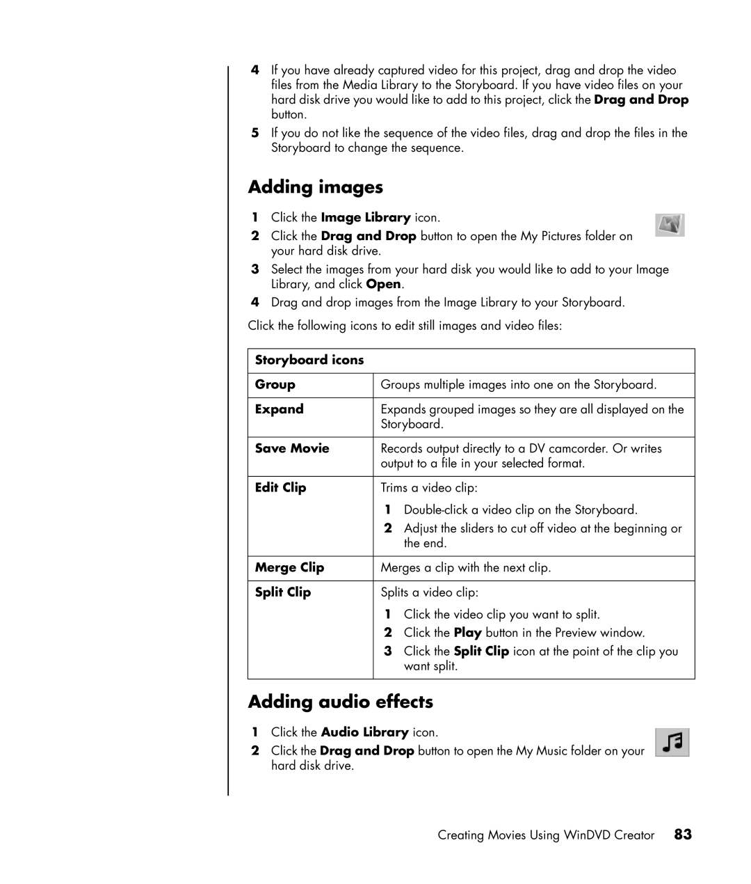 HP a1020a, a1005.uk, a1020d, a1040a, a1020in, a1029.uk, a1180d, a1160a, a1138hk, a1109.uk manual Adding images, Adding audio effects 