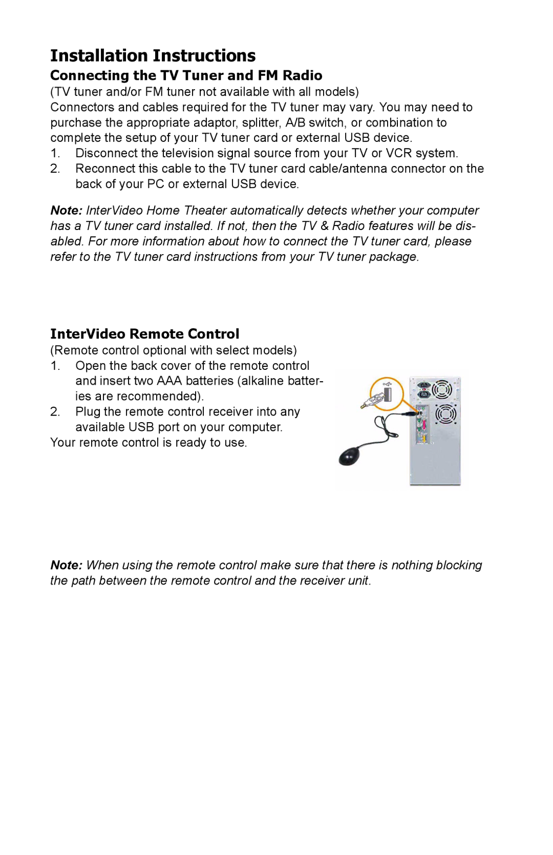 HP a1040a, a1005.uk, a1020d manual Installation Instructions, Connecting the TV Tuner and FM Radio, InterVideo Remote Control 