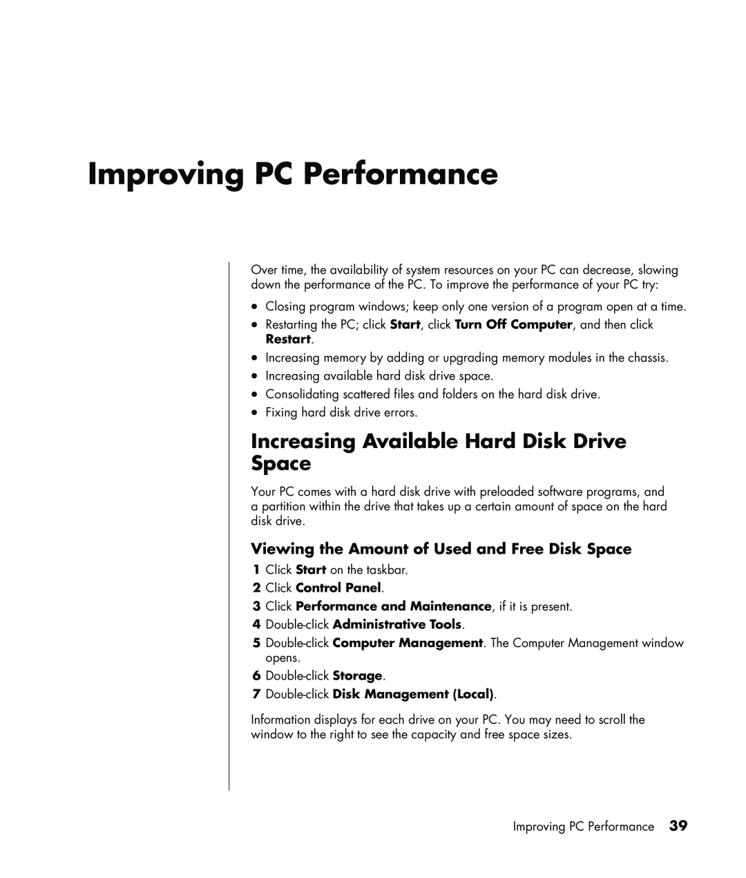 HP SR1420UK manual Improving PC Performance, Increasing Available Hard Disk Drive Space, Double-click Administrative Tools 