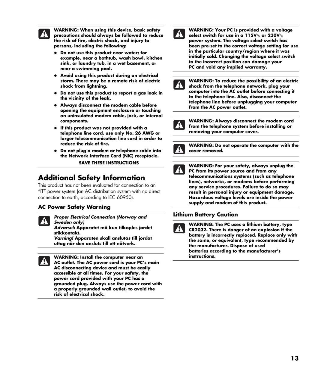 HP a1029.uk, a1005.uk manual Additional Safety Information, AC Power Safety Warning 