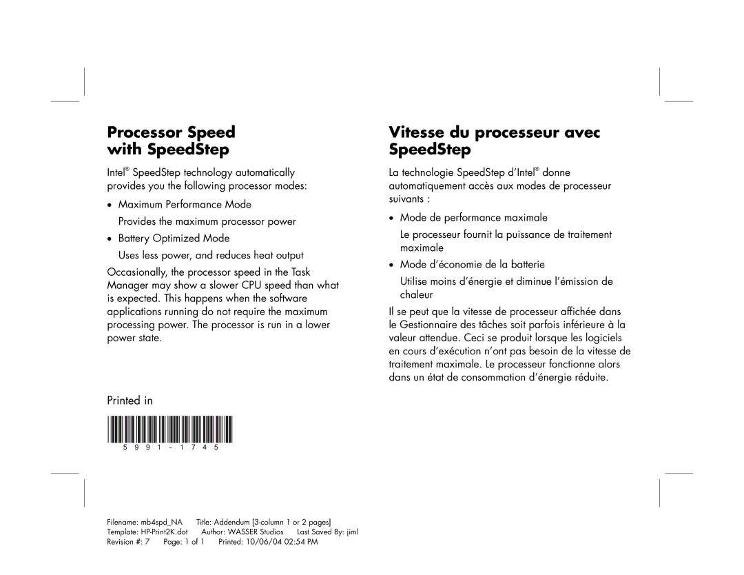 HP a1012x, a1010n, a1007w, a1000y (PU128AV) manual Processor Speed with SpeedStep, Vitesse du processeur avec SpeedStep 