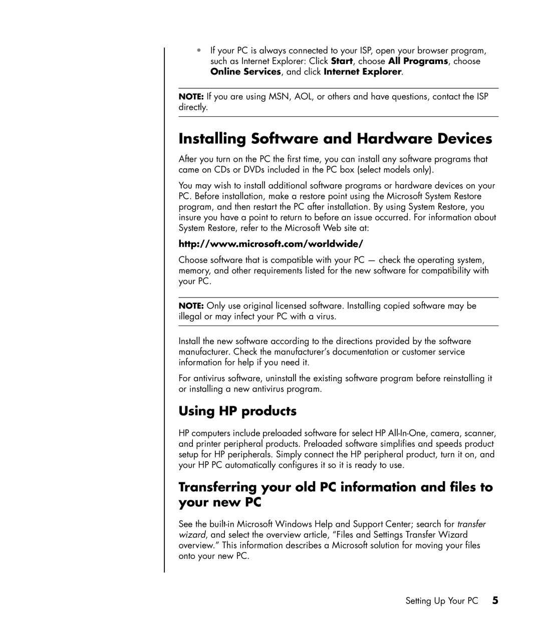 HP a1035c, a1013w, a1010n, a1012x, a1010y (PU129AV), a1007w, a1006n Installing Software and Hardware Devices, Using HP products 