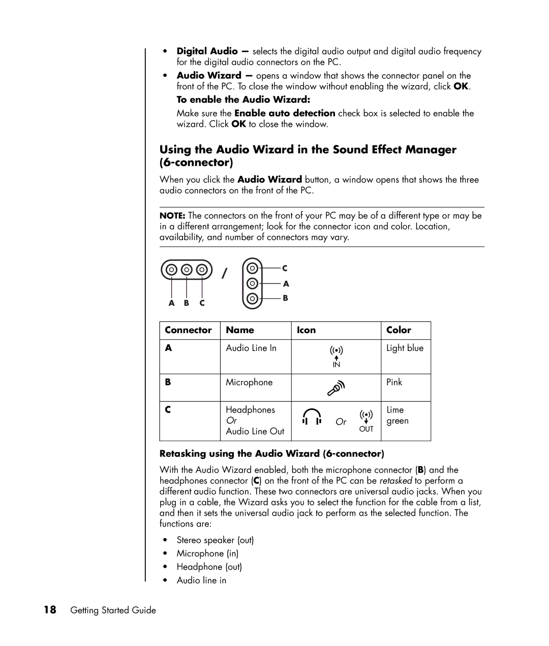 HP a1013w, a1010n manual To enable the Audio Wizard, Connector Name Icon Color, Retasking using the Audio Wizard 6-connector 