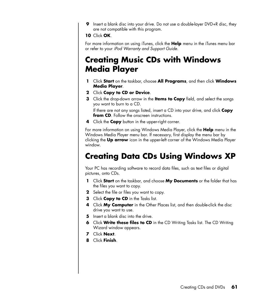 HP a1020n Creating Music CDs with Windows Media Player, Creating Data CDs Using Windows XP, Click Copy to CD or Device 