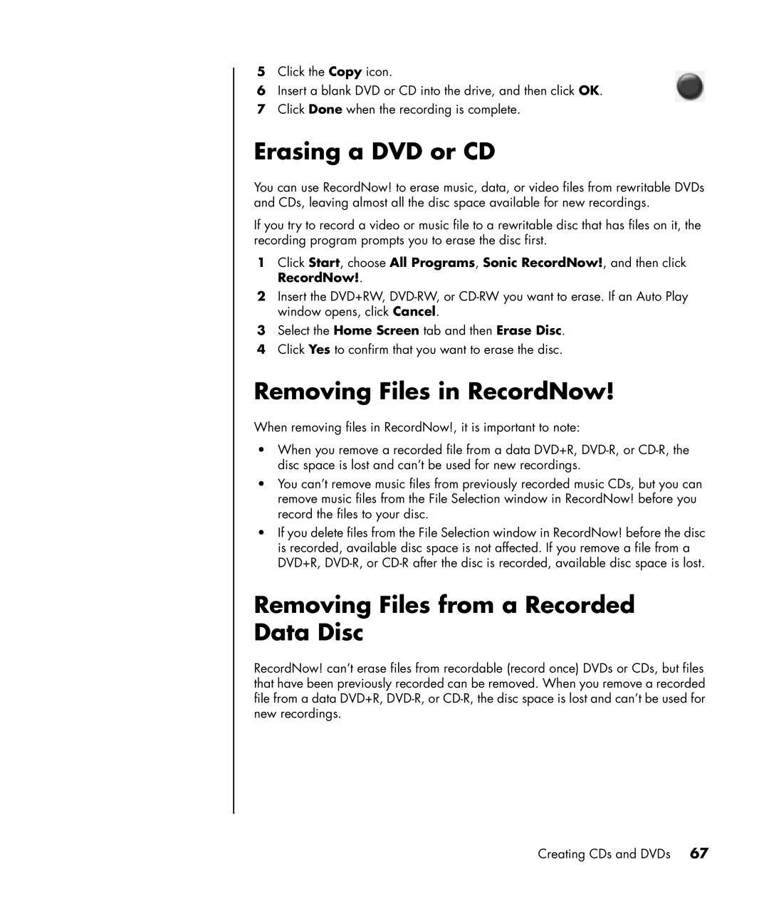 HP a1010n, a1013w, a1012x, a1007w Erasing a DVD or CD, Removing Files in RecordNow, Removing Files from a Recorded Data Disc 