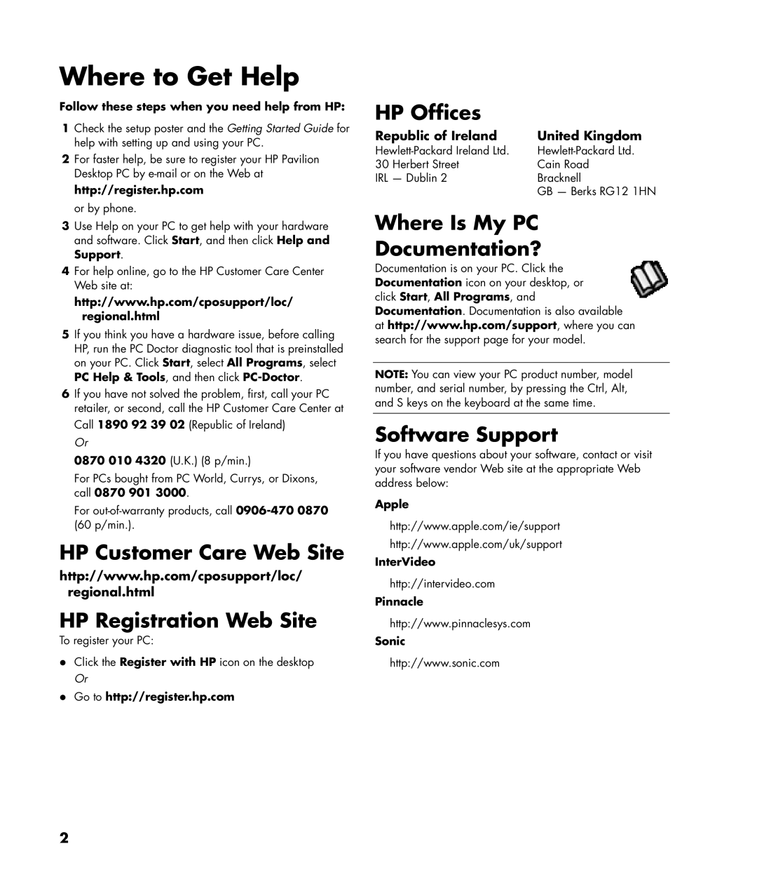 HP a1109.uk, m7181.uk manual HP Customer Care Web Site, HP Registration Web Site, HP Offices, Where Is My PC Documentation? 