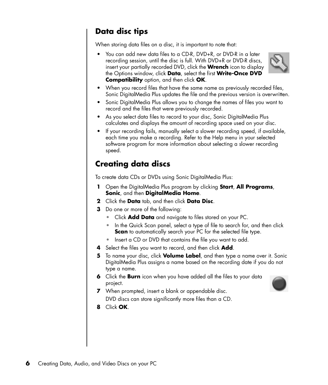 HP a1140a, a1160a, a1138hk, a1120a manual Data disc tips, Creating data discs 